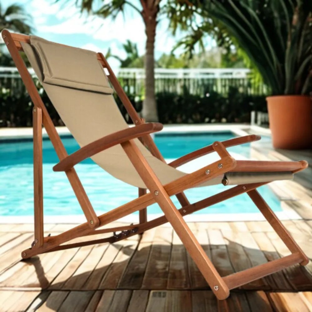 Сгъваем регулируем градински шезлонг от акациева дървесина Бежово