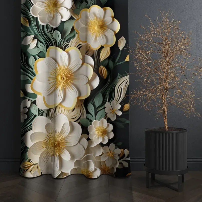 Декоративна черна завеса с отличителни бели цветя Ширина: 160 см | Дължина: 250 см