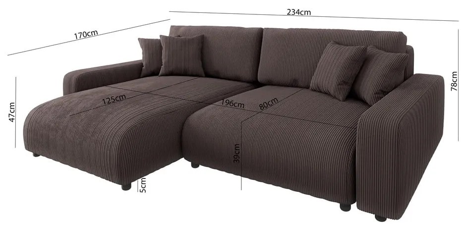 Кафяв разтегателен ъглов диван от рипсено кадифе (променлив) Sara – Ropez