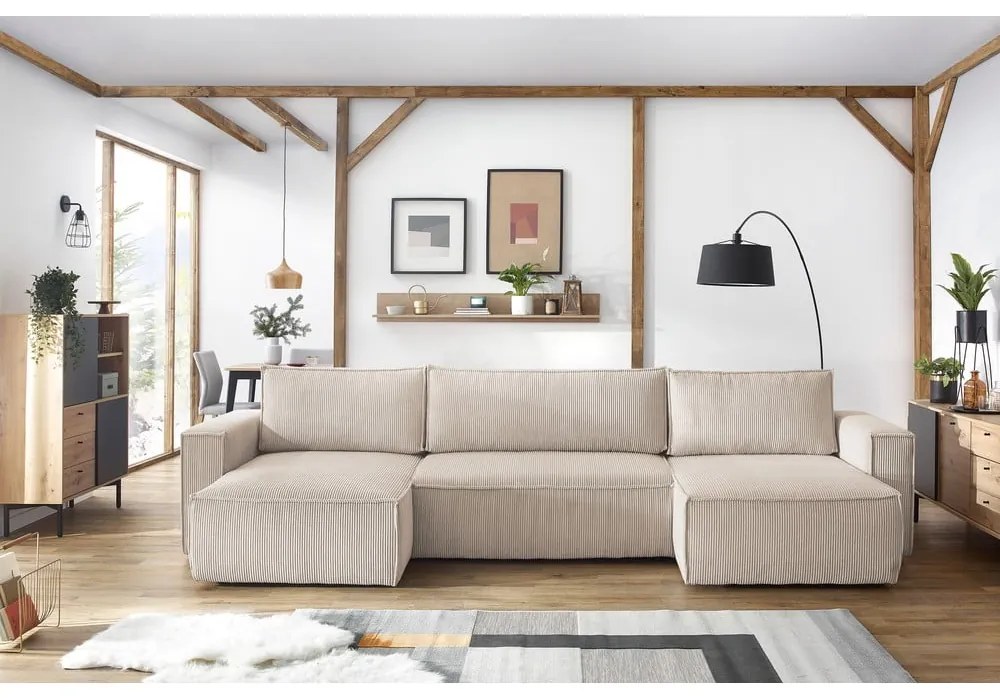 Бежов велурен U-образен разтегателен диван Nihad - Bobochic Paris