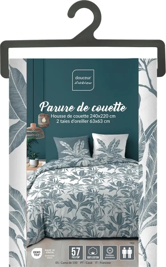 Бяло/синьо двойно удължено памучно спално бельо 240x220 cm Hera – douceur d'intérieur