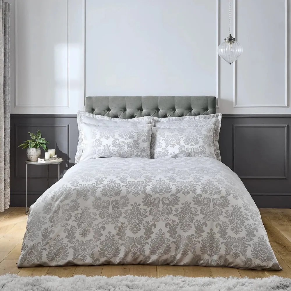 Сиво двойно удължено спално бельо от дамаск 230x220 cm Damask Jacquard – Catherine Lansfield