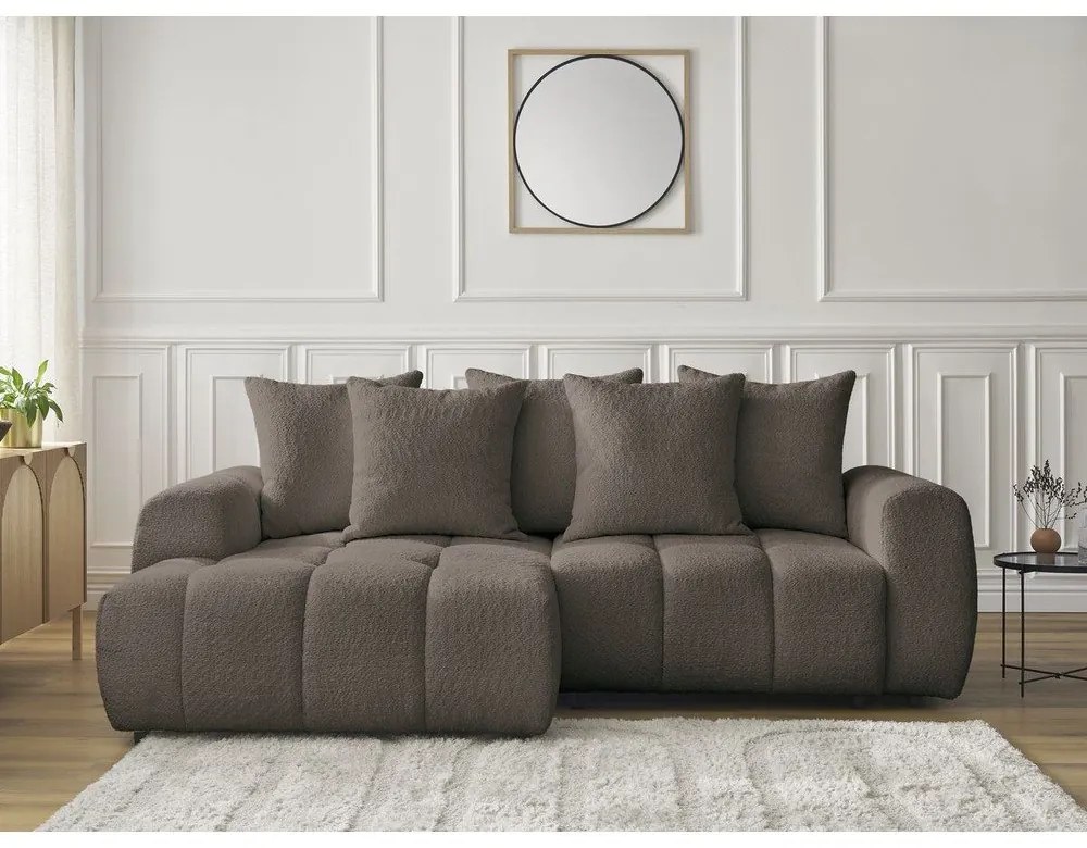 Кафяв сгъваем/с място за съхранение ъглов диван от прежда с примки от букле (ляв ъгъл) Roxelane – Bobochic Paris