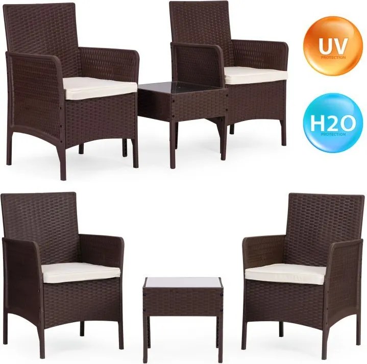 Градински мебели от ратан - комплект 2 стола + маса Кафяво