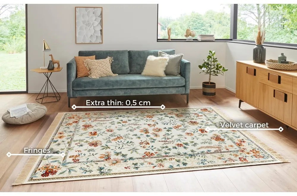 Кремав килим от вискоза 95x140 cm Oriental Flowers – Nouristan