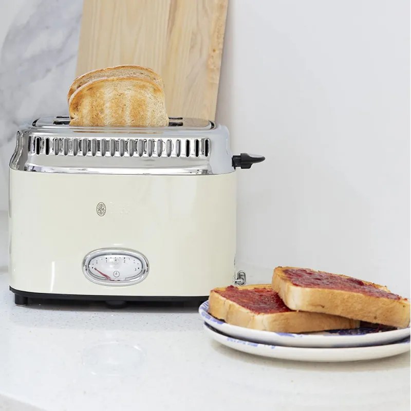 Тостер за хляб Russel Hobbs Retro Vintage Cream 21682-56, 1300W, 2 филийки, 6 нива, Ретро индикаторна скала, Lift & Look, Бързо препичане, Кремав/инокс