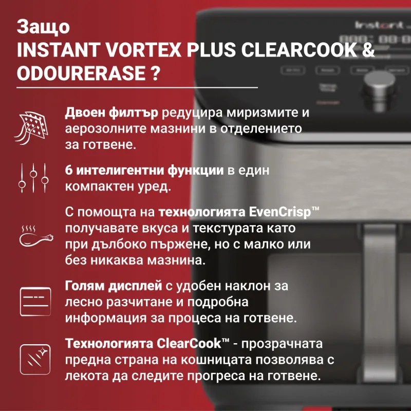 Фритюрник с горещ въздух Instant Pot Vortex Plus ClearCook & OdourErase 140310401, 1700W, 5.7 л, 6 програми, 35-205C, EvenCrisp, Двоен филтър, Черен