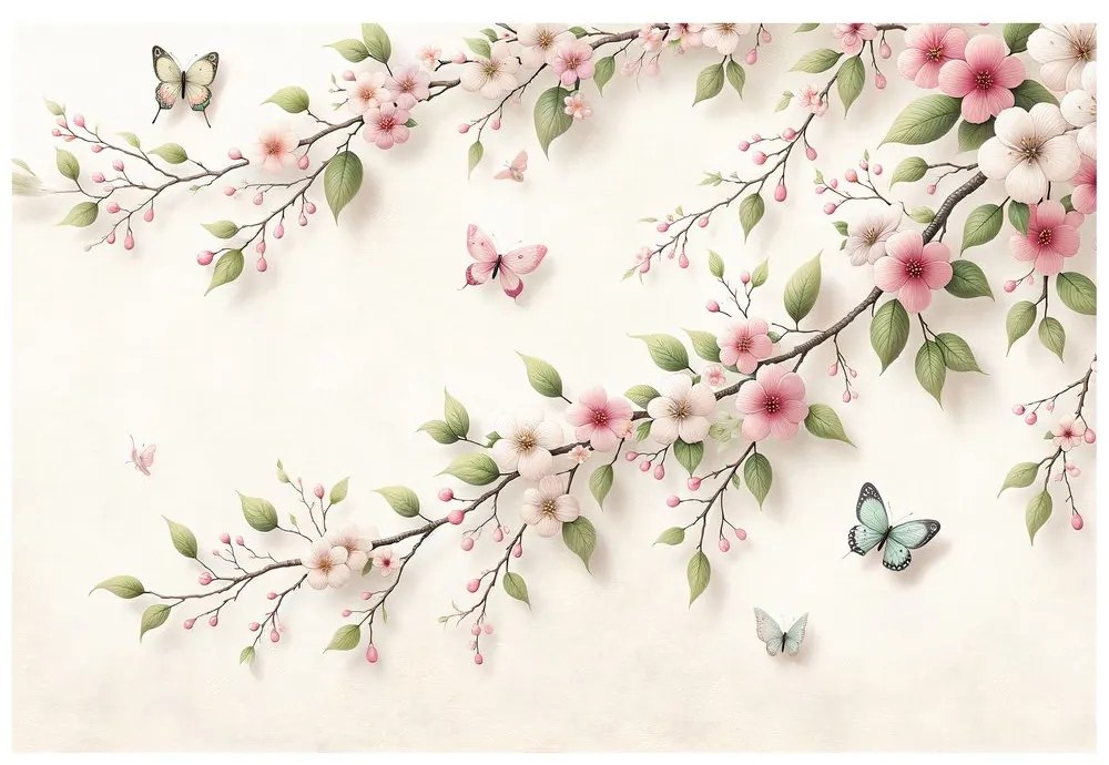 Самозалепващ фототапет – Нежни розови цветя и пеперуди