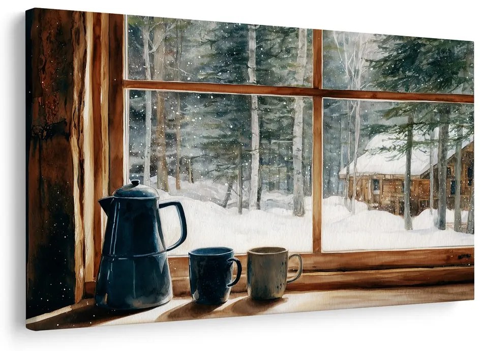 Картина на платно Коледна – Гледка от уютна горска хижа