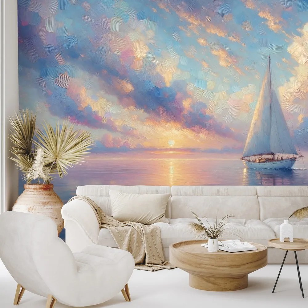 Самозалепващ тапет – Платноходка в спокойно море при залез