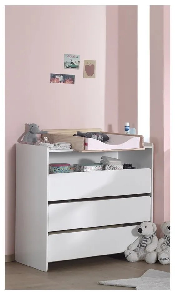 Бял нисък детски скрин от масивен бор с маса за преповиване 90x106 cm KIDDY – Vipack