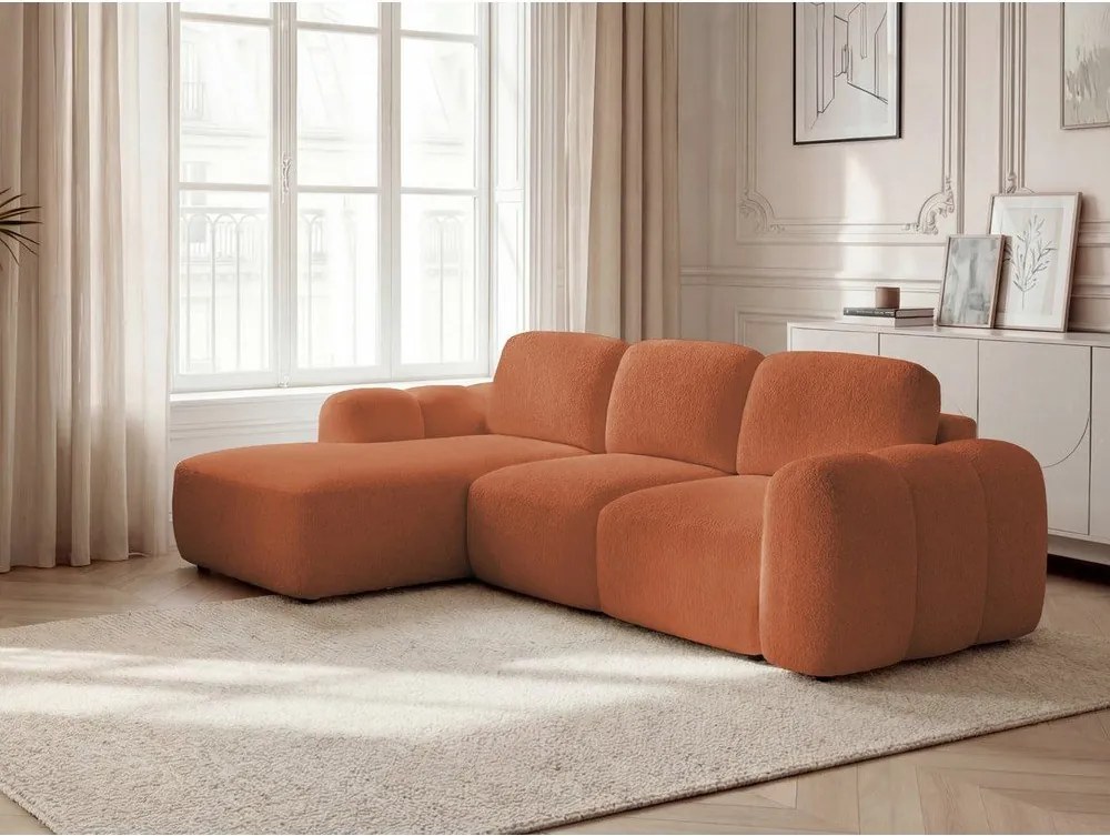 Оранжев сгъваем/с място за съхранение ъглов диван от прежда с примки от букле (ляв ъгъл) Montaigne – Bobochic Paris