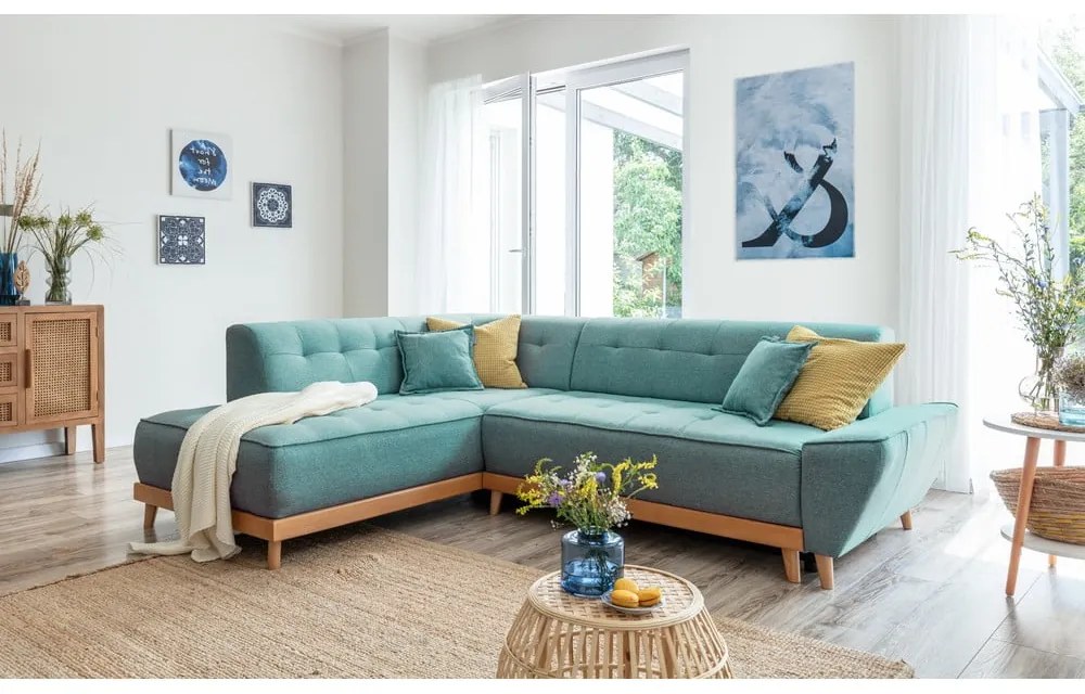 Тюркоаз разтегателен ъглов диван (ляв ъгъл) Dazzling Daisy – Miuform