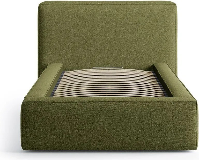 Зелено единично легло 90x200 cm тапицирано с място за съхранение с включена подматрачна рамка Jodie – Micadoni