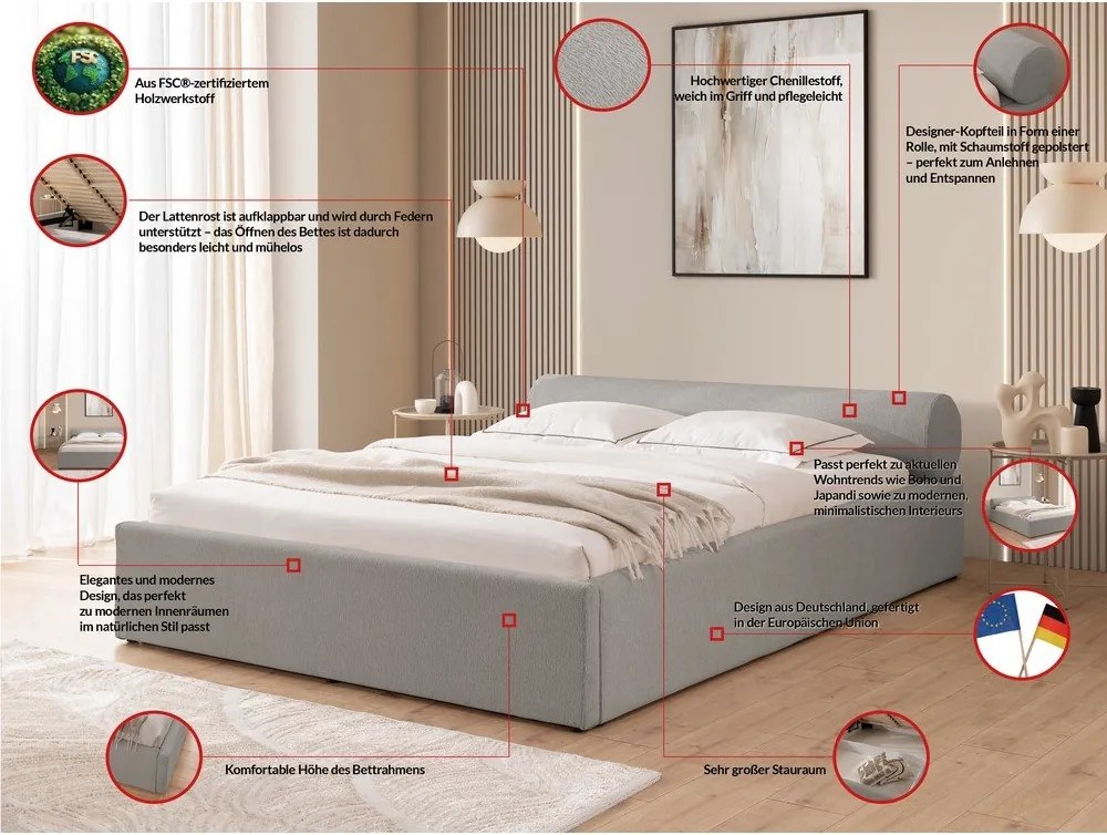Светлосиво тапицирано двойно легло с място за съхранение и включена подматрачна рамка 180x200 cm Cille – Ropez