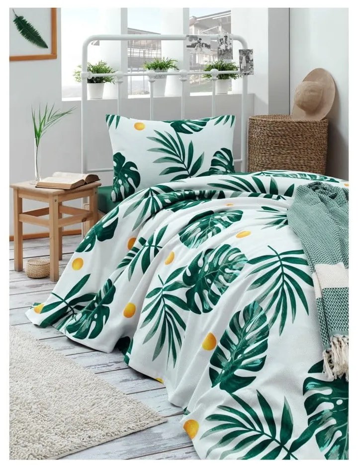 Комплект от памучно шалте и 2 калъфки за възглавници Masso Jungle, 200 x 220 cm Kapitone Monstera - Mijolnir