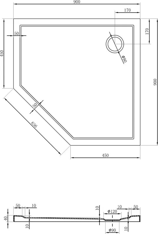 Mexen Flow петостенен плосък душ корито 90 x 90 см, черен мат - 46P709090