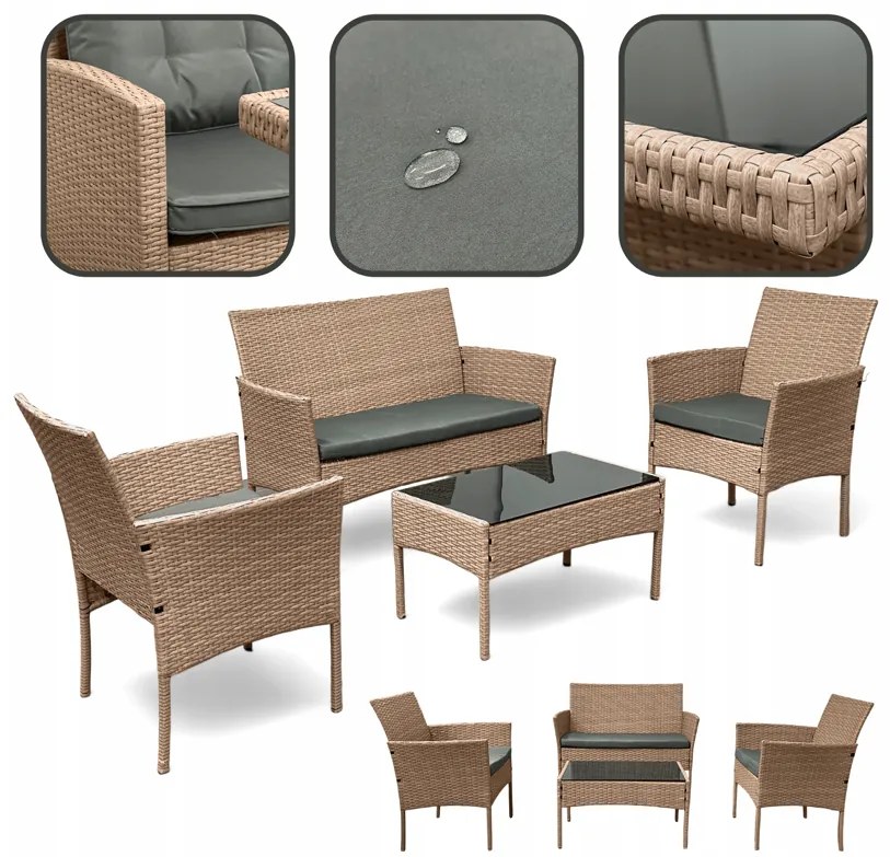 Елегантен ратанов градински комплект с маса с черно стъкло