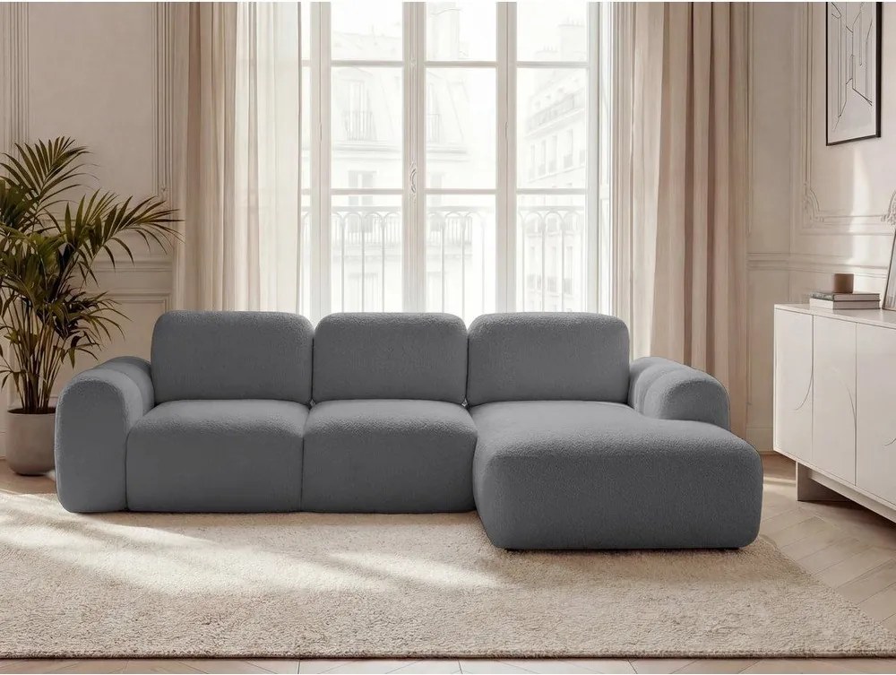 Сив сгъваем/с място за съхранение ъглов диван от прежда с примки от букле (десен ъгъл) Montaigne – Bobochic Paris