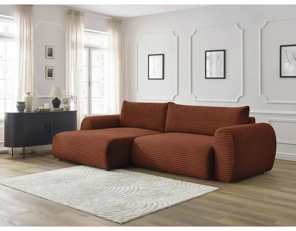 Разтегателен ъглов диван от рипсено кадифе в тухлен цвят (ляв ъгъл) Lucien – Bobochic Paris