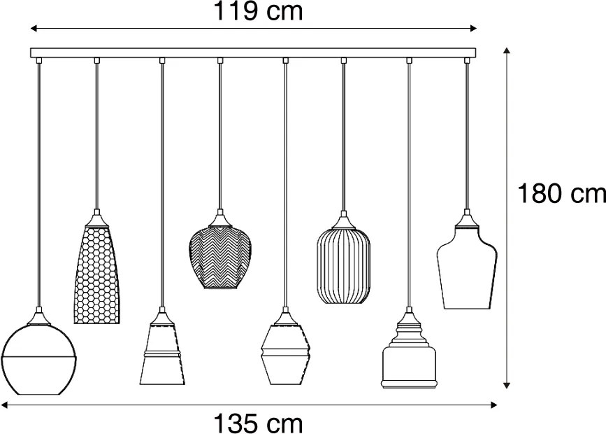 Арт Деко висяща лампа черна с кехлибарено стъкло 8 светлини - Hanne