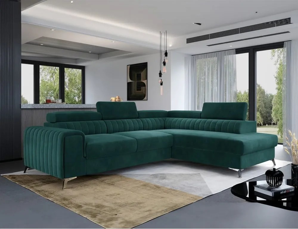 Зелен кадифен разтегателен ъглов диван с място за съхранение (десен ъгъл L форма) Laurence – ELTAP