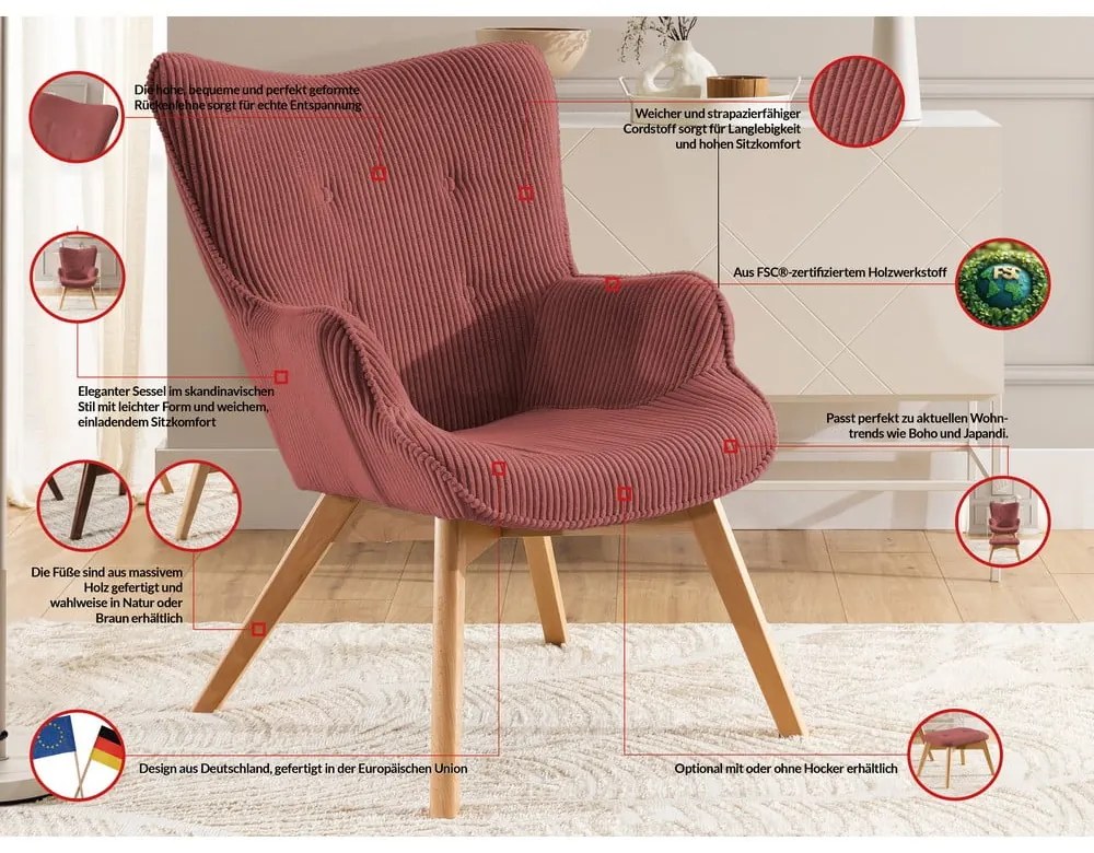 Червено кресло от рипсено кадифе Niko – Ropez