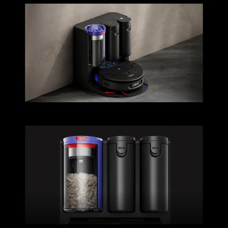 Прахосмукачка робот Dyson Spot+Scrub Ai 586183-01, 18000 Pa, 3 л, Сухо/мокро, Разпознаване на петна, Автоматична станция, Черен/Син