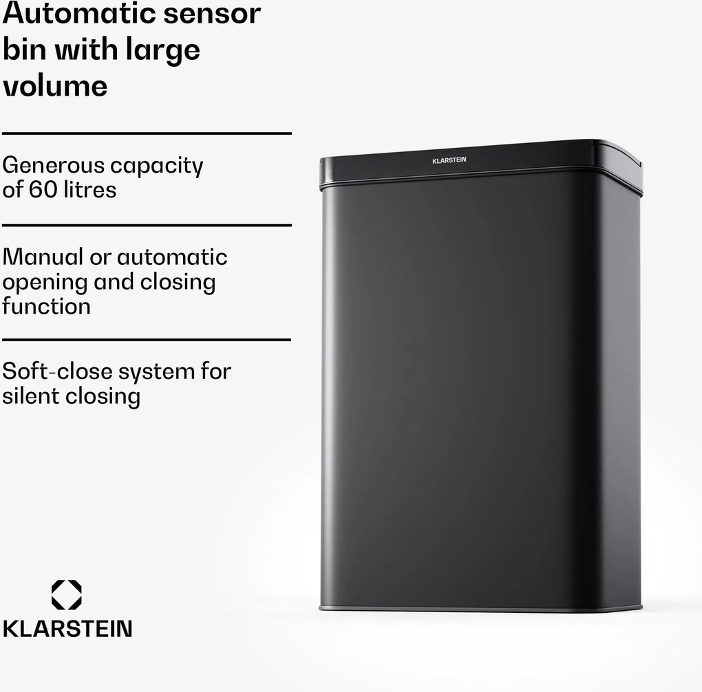 Klarstein Touchless, сензорен кош за отпадъци, 60 л, неръждаема стомана, плавно затваряне, захранване с батерии, LED дисплей, таймер