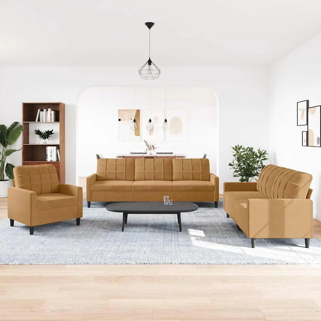 3278438 vidaXL Комплект дивани от 3 части с възглавници, кафяв, кадифе