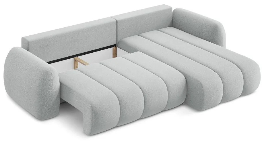 Светлосив разтегателен ъглов диван с място за съхранение от букле (десен ъгъл) Pele – Makamii