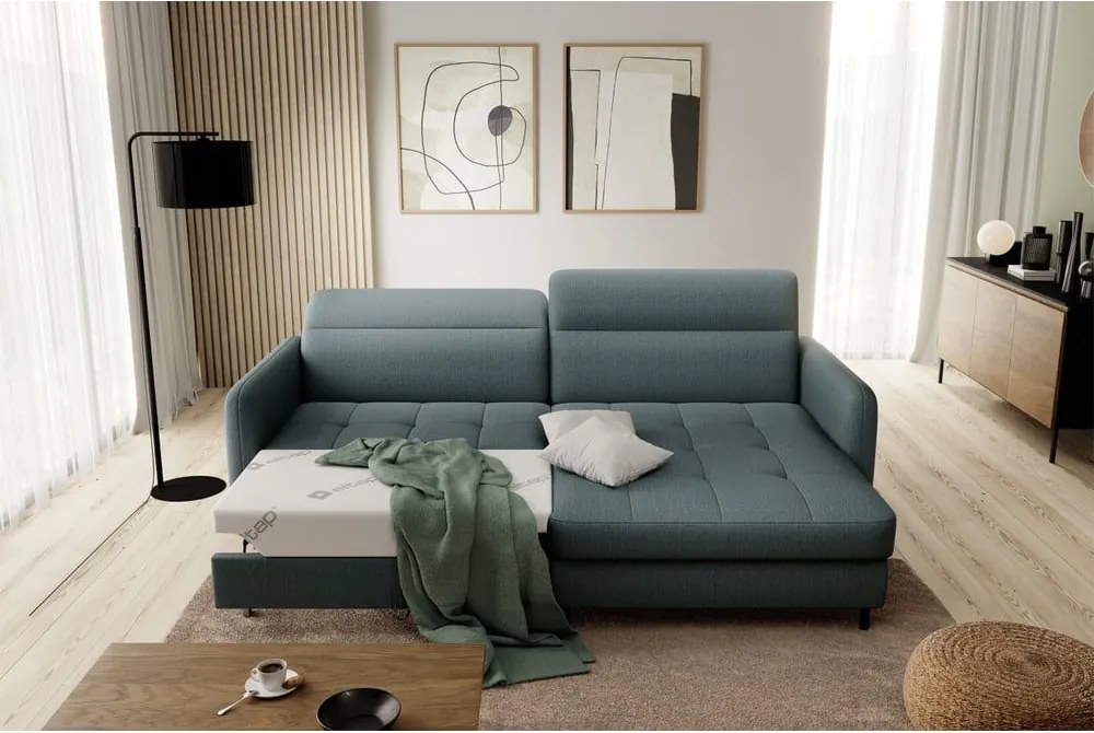 Сиво-зелен кадифен разтегателен ъглов диван с място за съхранение (десен ъгъл) Gomsi – ELTAP