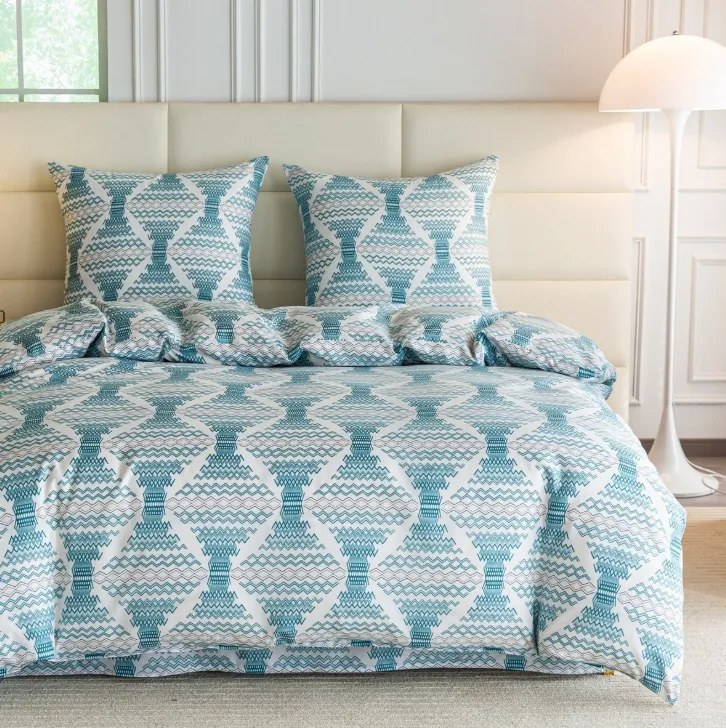 Бяло спално бельо от синтетичен памук с бохо шарка в тюркоазено-сини тонове Ширина: 160 см | Дължина: 200 см