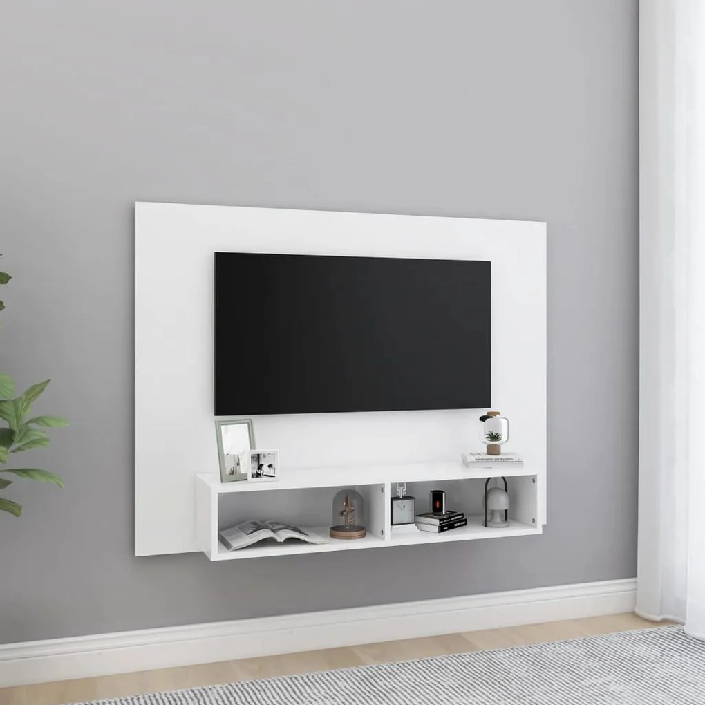808269 vidaXL Стенен ТВ шкаф, бял, 120x23,5x90 см, инженерно дърво