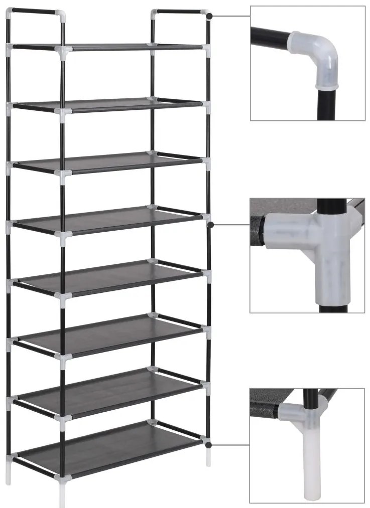 Стелаж за обувки с 8 рафта, метал и нетъкан текстил, черен