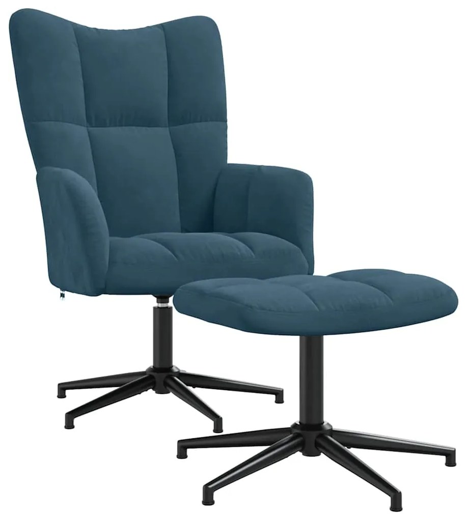 328116 vidaXL Релаксиращ стол с табуретка, син, кадифе