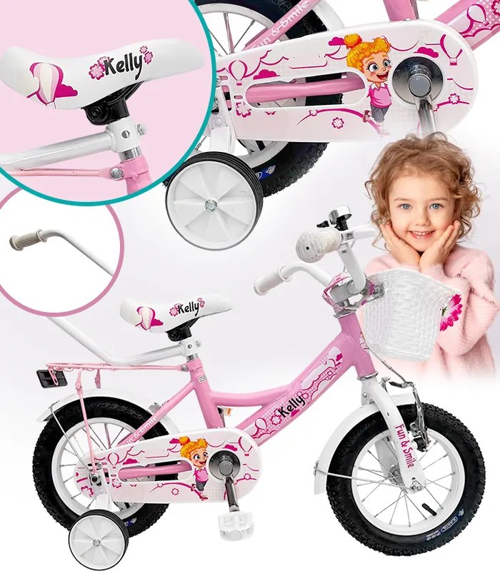 Детски велосипед с помощни колела, водеща щанга, кошница и звънец 16 – за деца на възраст от 4 до 6 години