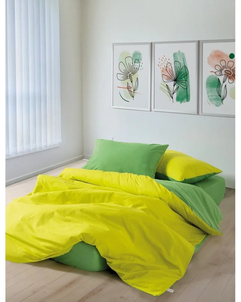 Жълто-зелено двойно удължено спално бельо от памук Renforcé с включен долен чаршаф, 4 части 200x220 cm Sage – Mijolnir