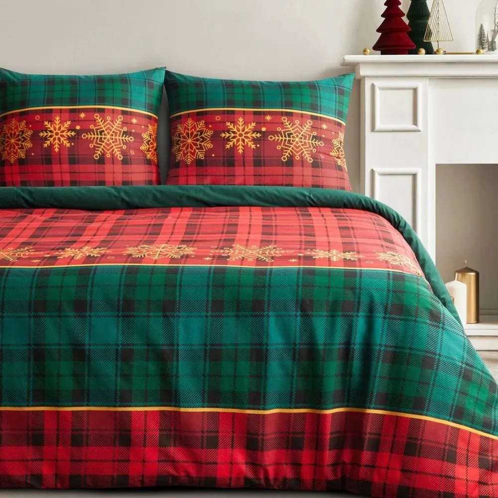 Коледно памучно спално бельо с каре и снежинки Ширина: 140 см | Дължина: 200 см