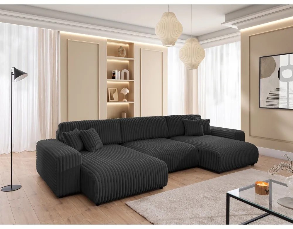 Тъмносив разтегателен ъглов диван с място за съхранение от рипсено кадифе (U форма) Sarina – Ropez