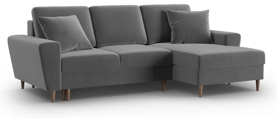Светлосив кадифен разтегателен ъглов диван с място за съхранение (десен ъгъл) Kyoto – Cosmopolitan Design