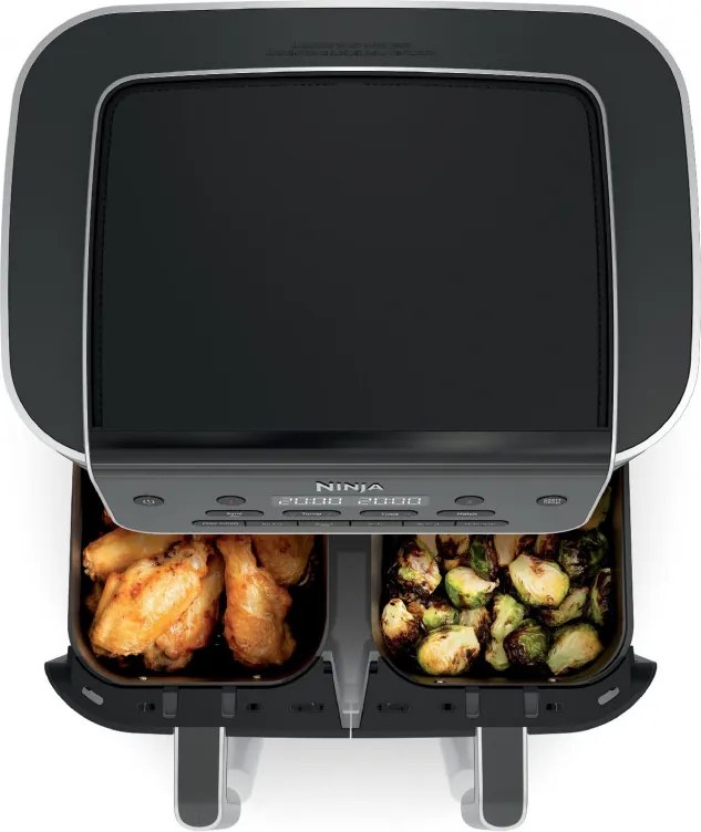 Двоен фритюрник с горещ въздух Ninja Foodi Dual Zone DZ801EU, 2470W, Независими зони за готвене, 7.6 л, 6 програми, 40-240C, Max Crisp, Sync, Сив/Инокс