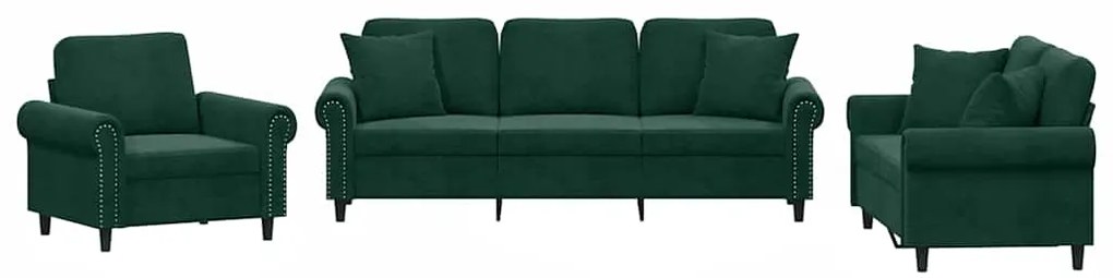 3202192 vidaXL Комплект дивани 3 части с възглавници, тъмнозелен, кадифе