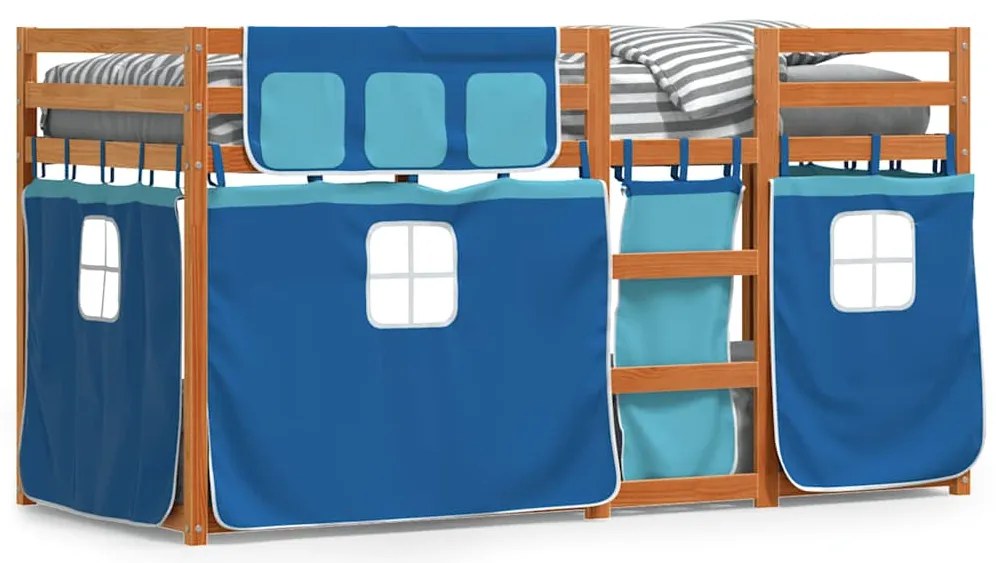 3283947 vidaXL Двуетажно легло със завеси синьо 90x200 см масивно борово дърво