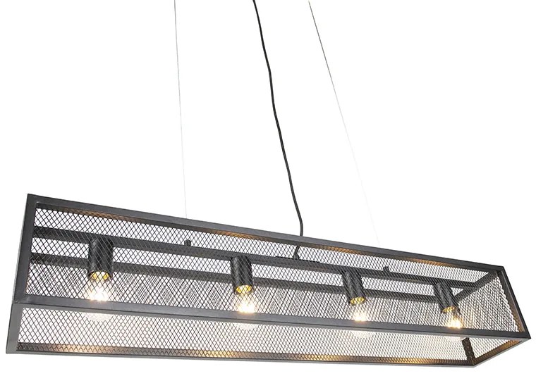 Индустриална висяща лампа черна с плетена текстура 4-лампи - Cage