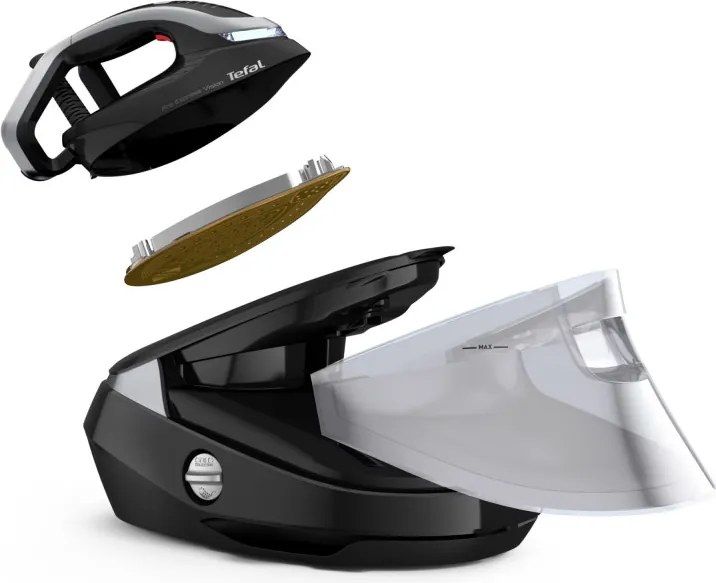 Парогенератор Tefal Pro Express Vision GV9821E0, 3000 W, 9 bar, 1.2 л, 800 g/min, Smart Steam, Система против капене и варовик, Вертикално гладене, Черен/сив