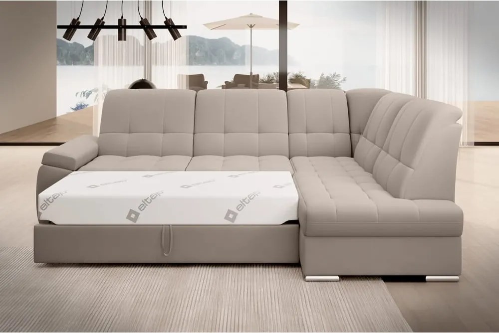 Бежов кадифен разтегателен ъглов диван с място за съхранение (десен ъгъл L форма) Sado – ELTAP