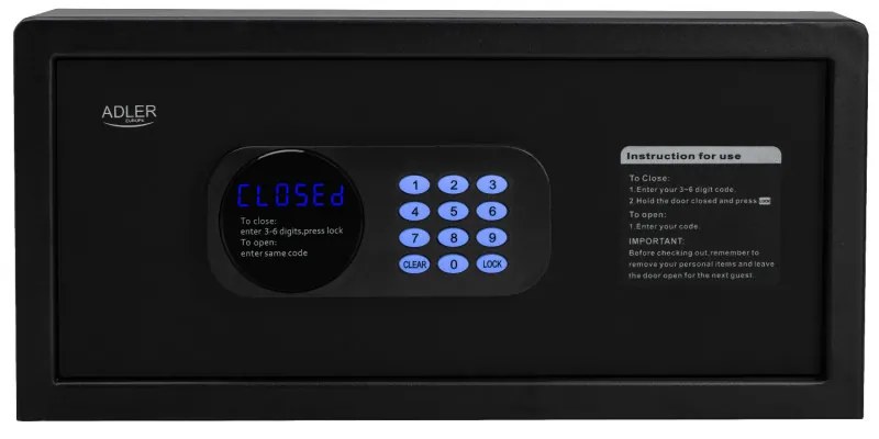 Електронен сейф Adler AD 1045, 200x420x370 мм, 14 л, Блокиране след 4 грешни опита, Предупреждение за изтощена батерия, Черен