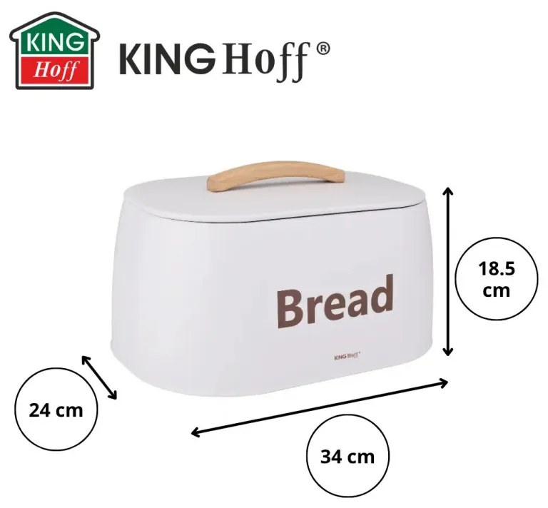 Кутия за хляб Kinghoff KH 1947, 35 см, Метално тяло, Дървена дръжка, Бял