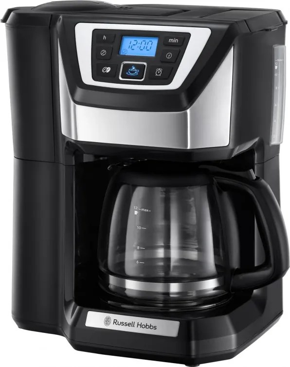 Кафемашина с вградена мелачка Russell Hobbs Victory Grind & Brew 22000-56, 1025W, 1.5 л, 250 гр, 12 чаши, Таймер, Вграден филтър, Черен/инокс